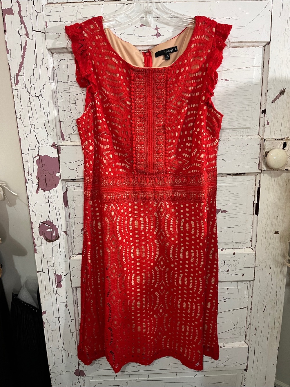 Signature by Sangria Red Crochet MIDI Dress tan underlayment Sz 16 Ruffle Sleeve